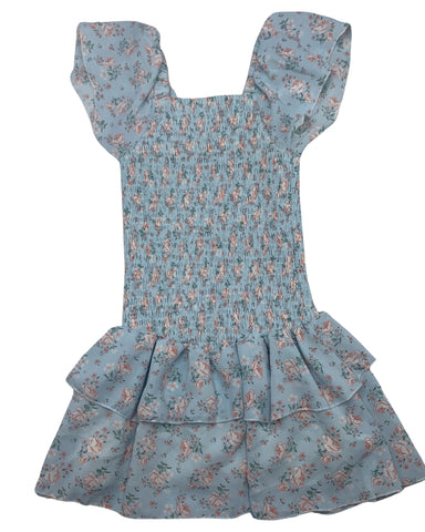 Blue Floral Ruching Dress