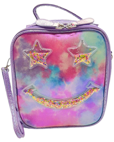 Bari Lynn Lunch Bag- Purple Tie Dye Confetti Smiley