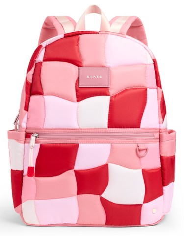 State Bags Kane Double Pocket LARGEST SIZE Backpack- Pink Puffer Check