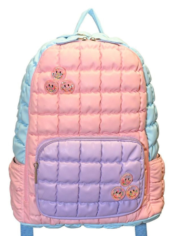 Bari Lynn Full Size Backpack- Pastel Quilted w Confetti Smiley Face Charms