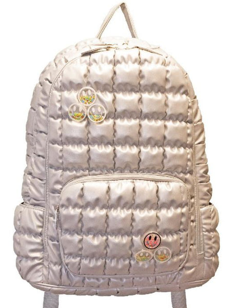 Bari Lynn Full Size Backpack- Silver Quilted w Confetti Smiley Face Charms (Copy)