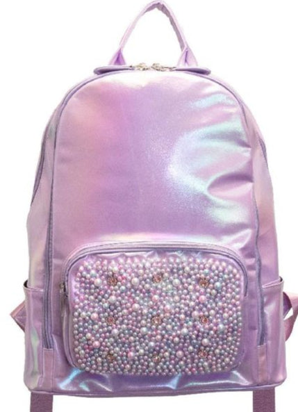Bari Lynn Full Size Backpack- Lavender Shimmer Galaxy w Pearl & Jewel Pocket