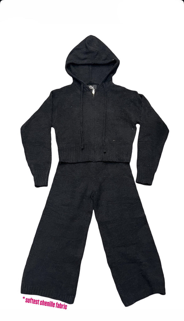 Black Chenile Zip Up Hoodie & Sweatpant (sz L)
