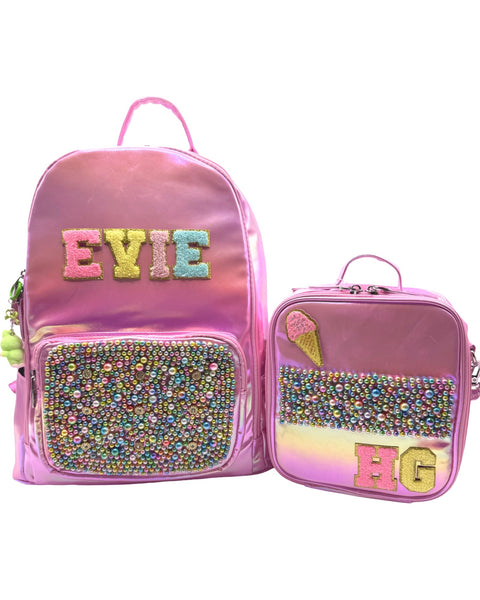 Bari Lynn Lunch Box-  Pink Shimmer Galaxy w Pearl & Jewel Pocket