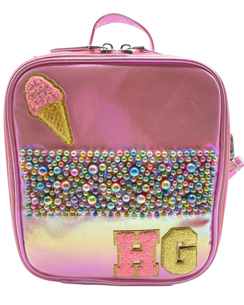 Bari Lynn Lunch Box-  Pink Shimmer Galaxy w Pearl & Jewel Pocket