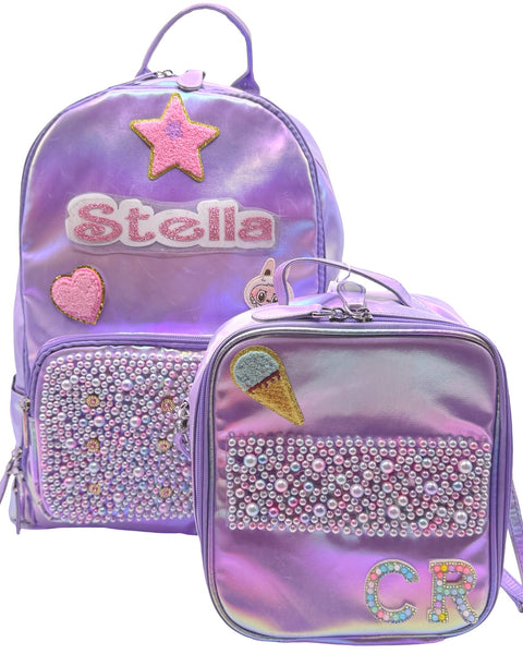 Bari Lynn Lunch Box-  Lavender Shimmer Galaxy w Pearl & Jewel Pocket