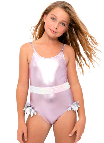 Metallic Pink Swimsuit Sequin Belt & Silver Petals