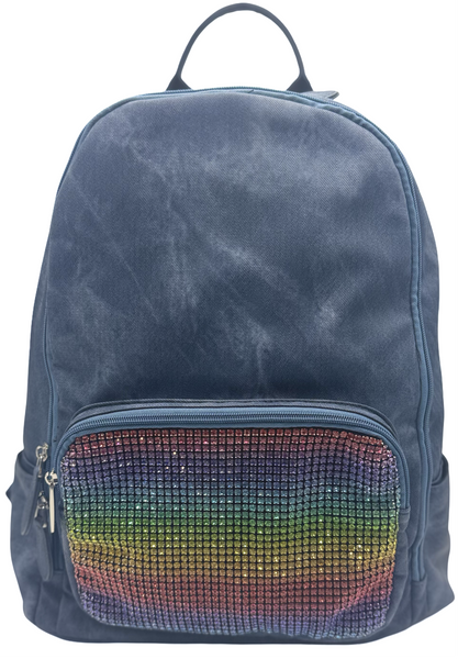 Bari Lynn Full Size Backpack- Blue Coated Denim w Rainbow Crystallized Pocket