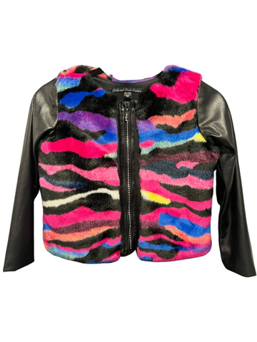 Faux Rainbow Fur Leatherette Jacket (sz 14)