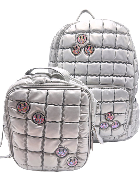 Bari Lynn Lunch Box- Silver Quilted w Confetti Smiley Face Charms