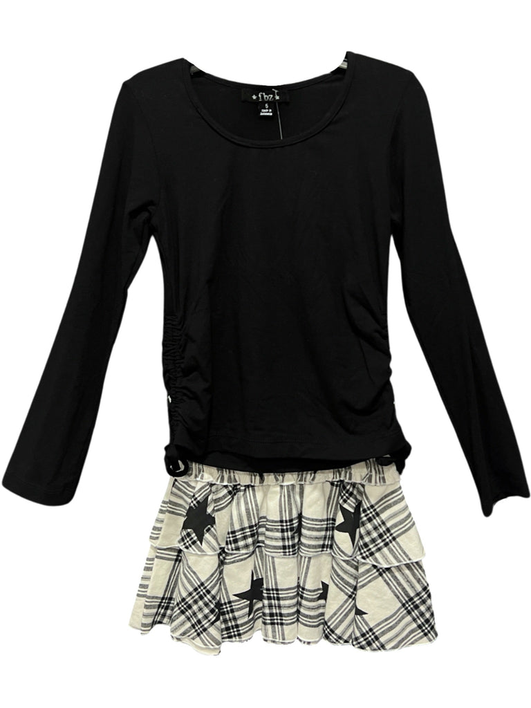 Black Long Sleeve Shirt & Cream Plaid Skirt (sz 5)