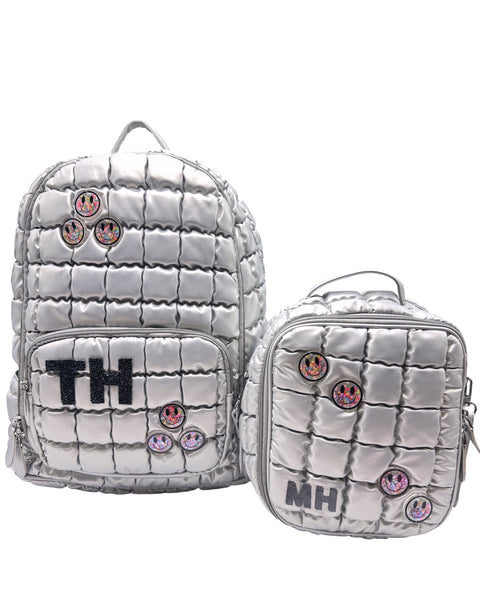 Bari Lynn Lunch Box- Silver Quilted w Confetti Smiley Face Charms