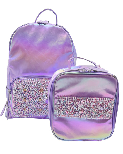 Bari Lynn Lunch Box-  Lavender Shimmer Galaxy w Pearl & Jewel Pocket