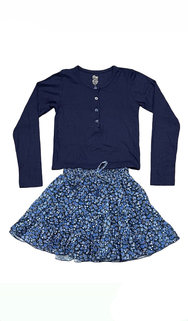 Blue Long Sleeve Rib Top & Floral Skirt Set (sz M- 8)
