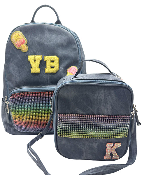 Bari Lynn Full Size Backpack- Blue Coated Denim w Rainbow Crystallized Pocket