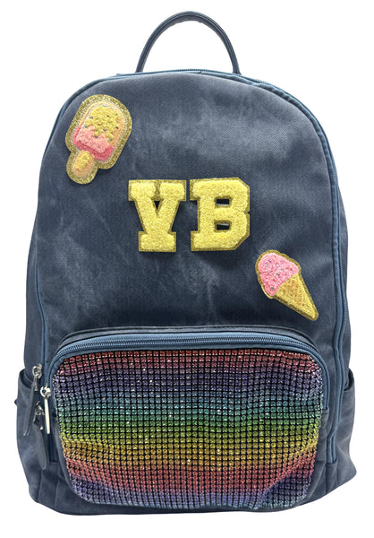 Bari Lynn Full Size Backpack- Blue Coated Denim w Rainbow Crystallized Pocket