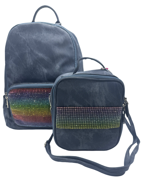 Bari Lynn Full Size Backpack- Blue Coated Denim w Rainbow Crystallized Pocket