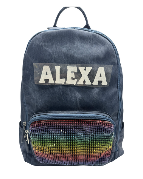 Bari Lynn Full Size Backpack- Blue Coated Denim w Rainbow Crystallized Pocket