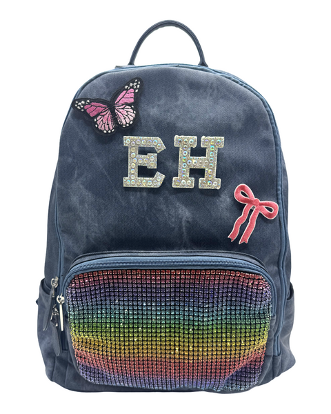 Bari Lynn Full Size Backpack- Blue Coated Denim w Rainbow Crystallized Pocket