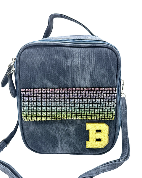 Bari Lynn Lunch Box- Blue Coated Denim w Rainbow Crystallized Pocket