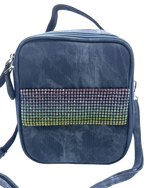 Bari Lynn Lunch Box- Blue Coated Denim w Rainbow Crystallized Pocket