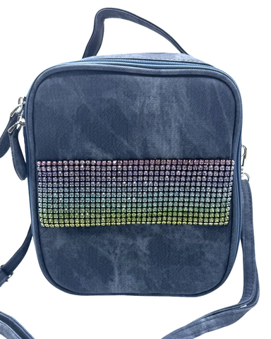 Bari Lynn Lunch Box- Blue Coated Denim w Rainbow Crystallized Pocket