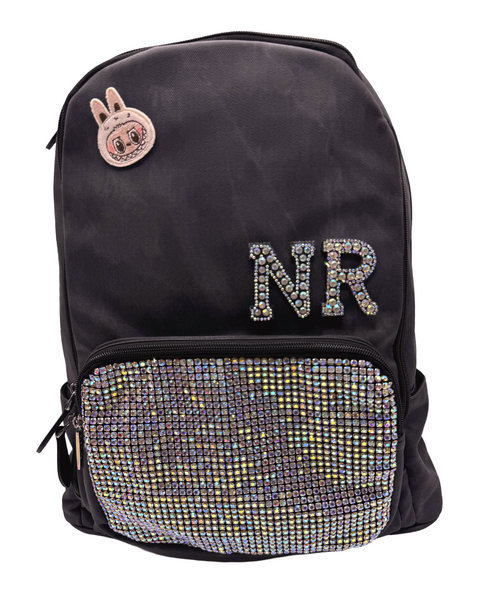 Bari Lynn Full Size Backpack- Black Coated Denim w Crystallized Pocket