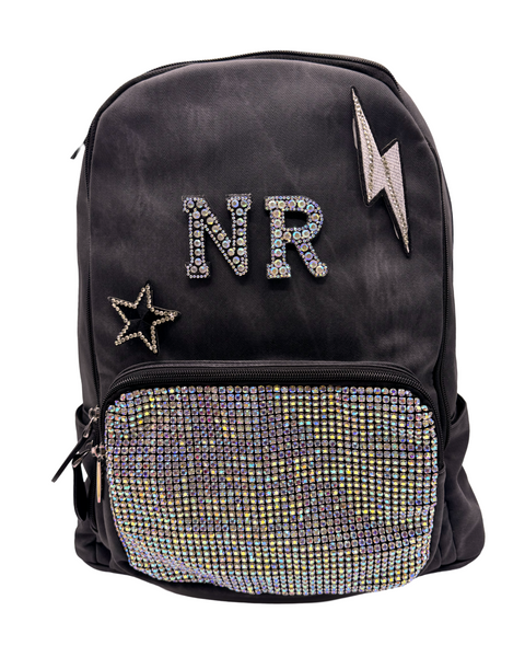 Bari Lynn Full Size Backpack- Black Coated Denim w Crystallized Pocket