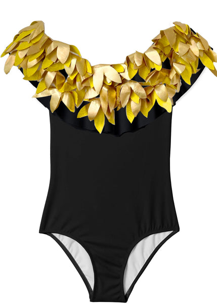 Black Swimsuit with Gold Petals