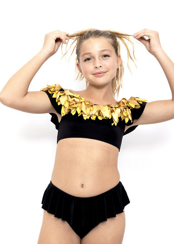 Black Ruffle Bikini with Gold Petals