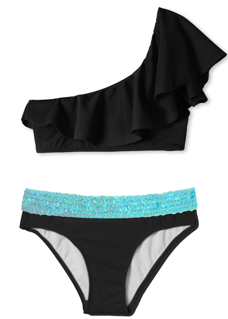 Black One Shoulder Bikini with Aqua Sequin Belt