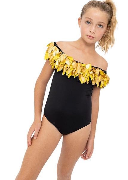 Black Swimsuit with Gold Petals