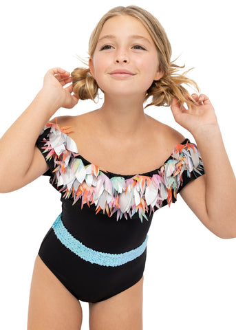 Black Swimsuit with Mixed Petals & Aqua Sequin Belt