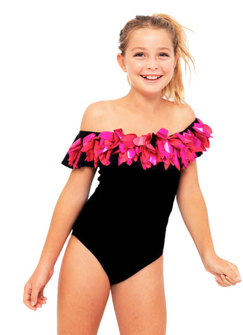 Black Swimsuit with Pink Metallic Petals