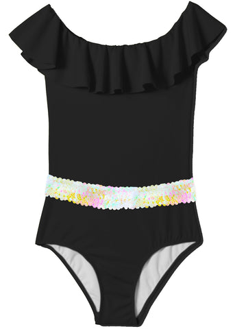 Black Ruffle Swimsuit with Sequin Belt