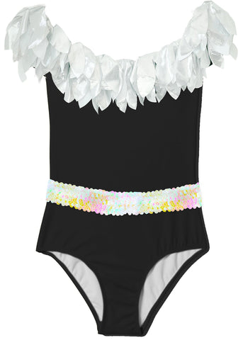 Black Ruffle Swimsuit with Silver Petals & Sequin Belt