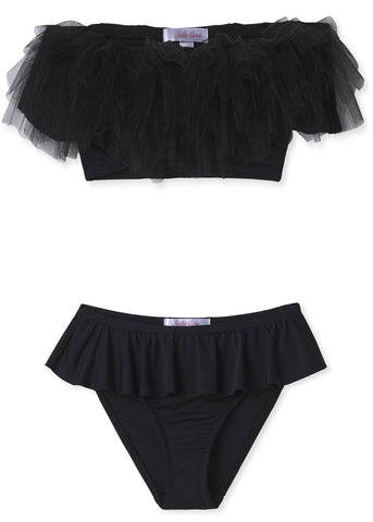 Black Draped Bikini with Tulle