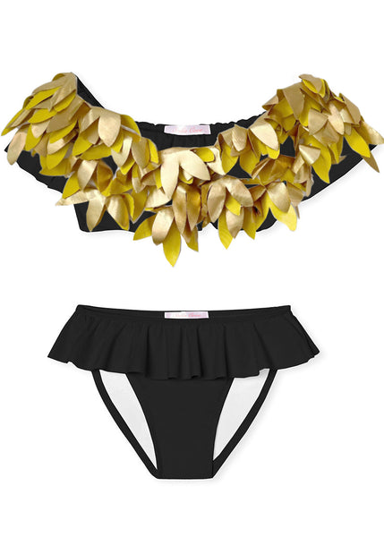 Black Ruffle Bikini with Gold Petals