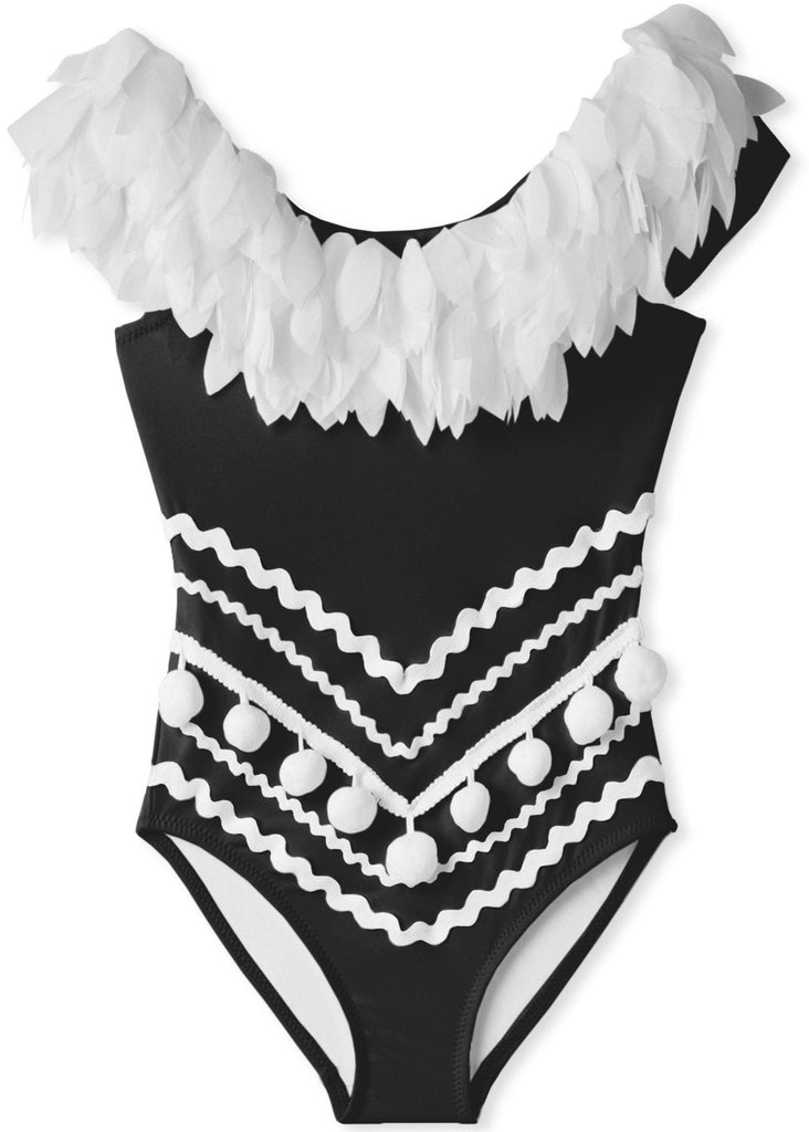 Black Swimsuit with Petals & Pom Poms