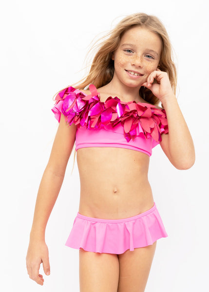 Neon Pink Ruffle Bikini with Pink Metallic Petals