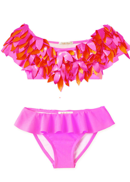 Neon Pink Ruffle Bikini with Pink Metallic Petals