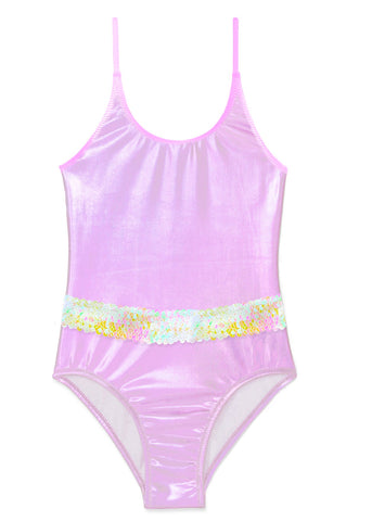 Metallic Pink Swimsuit with Sequin Belt