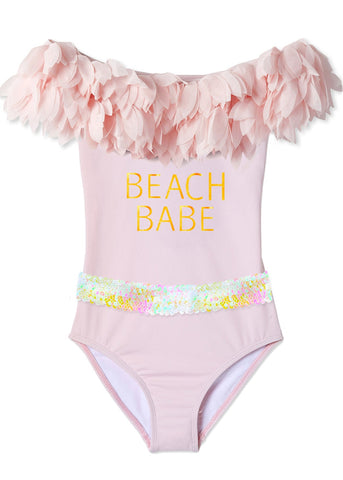 Beach Babe Pink Swimsuit with Petals & Sequin Belt