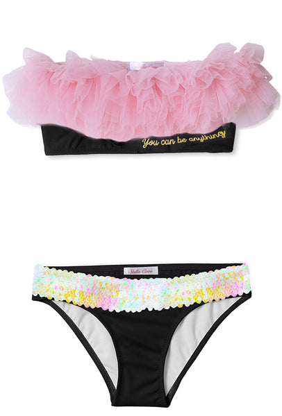 "You can be anything" Black Bikini with Pink Tulle & Sequin Belt