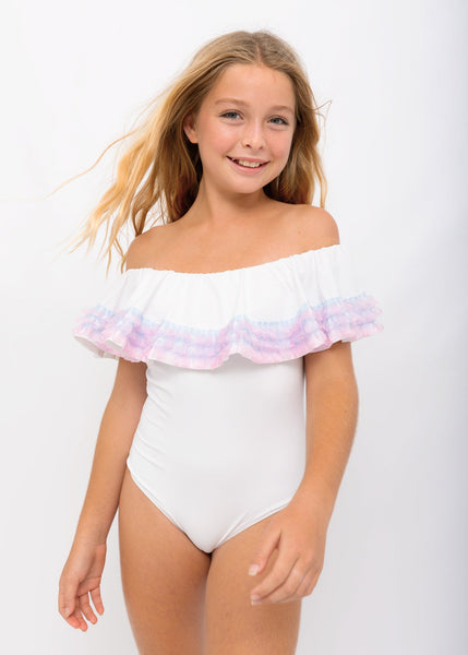 White Ruffle Swimsuit with Anemone