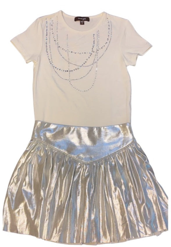 White short sleeve shirt with necklace / silver skirt (sz 4)
