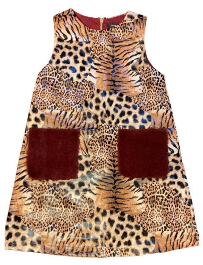 Sleeveless leopard dress with fur pockets (sz 4)