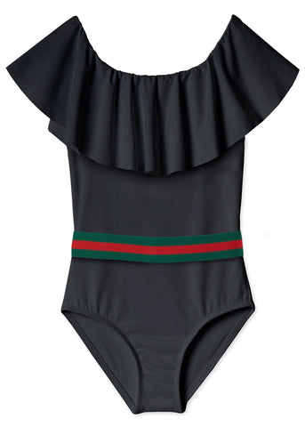 Black Draped Swimsuit with Belt