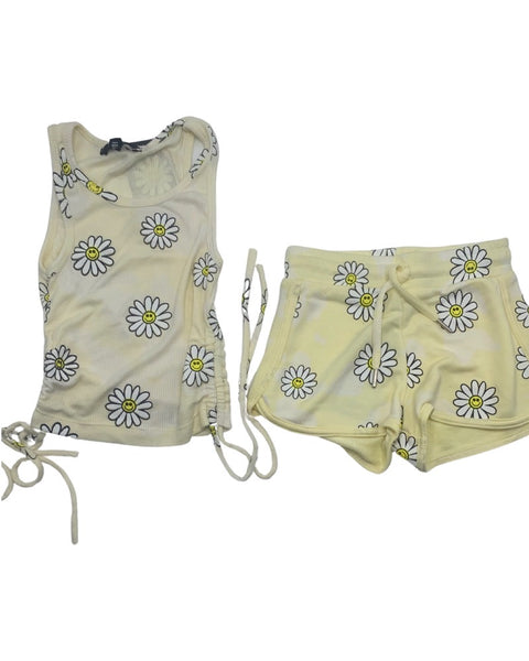 Yellow Flower Ribbed Tank Top & shorts (Set)