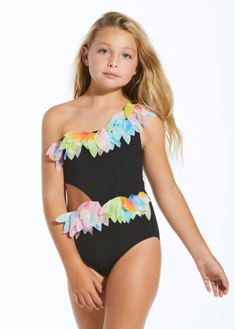 Black Side Cut Swimsuit with Citrus Petals